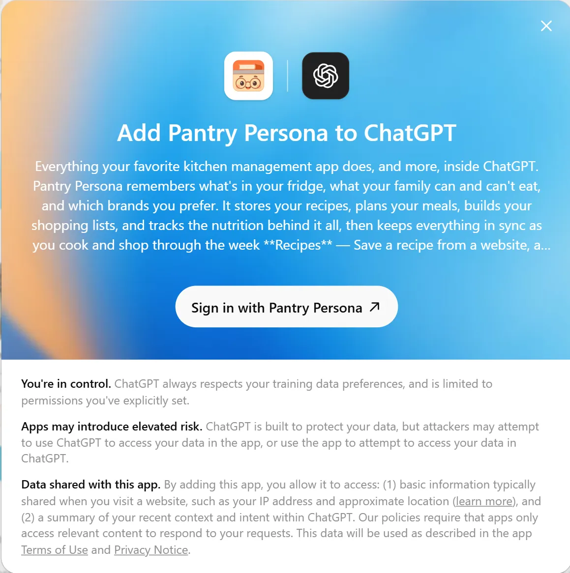 The Add Pantry Persona to ChatGPT dialog with the Sign in with Pantry Persona button